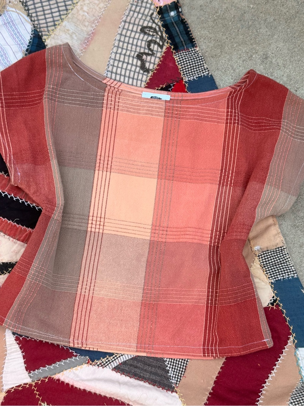 Handmade  Plaid Short-Sleeve Top in Peach/Coral